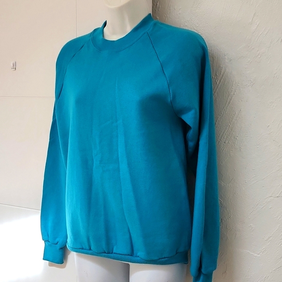 True 80s 90s Vintage Jerzees USA Teal Crew Neck Sweatshirt Blank S (34-36) - Picture 1 of 7